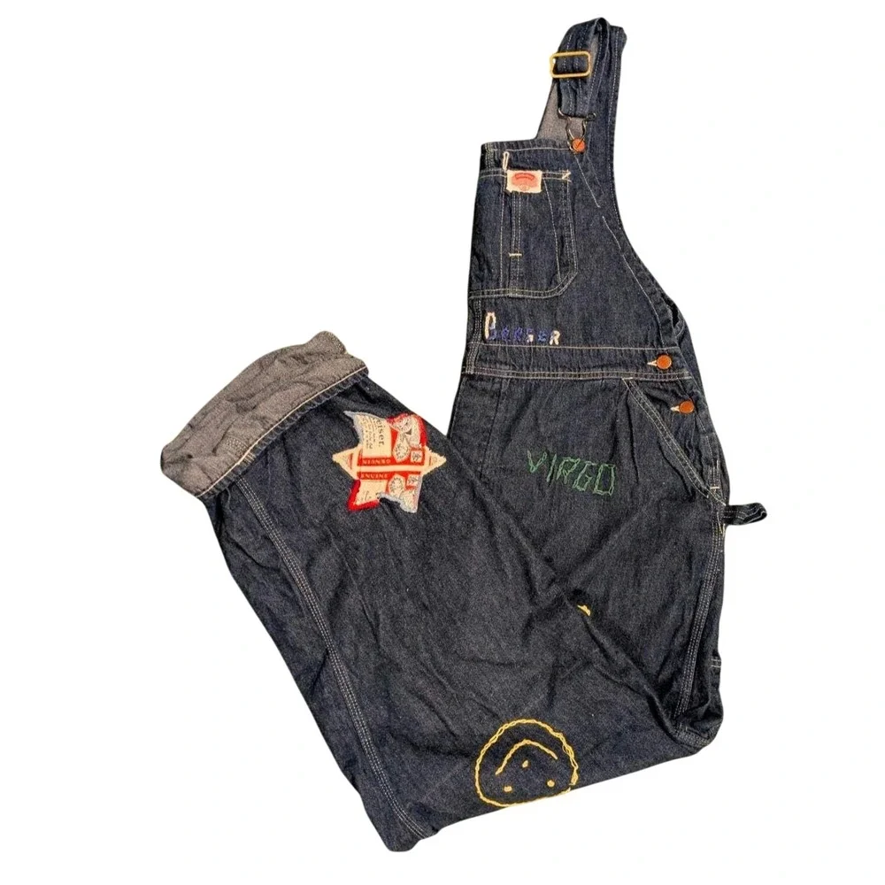 1970s dark indigo denim Embroidered and patchwork‎ customized overalls, American - Picture 2 of 9